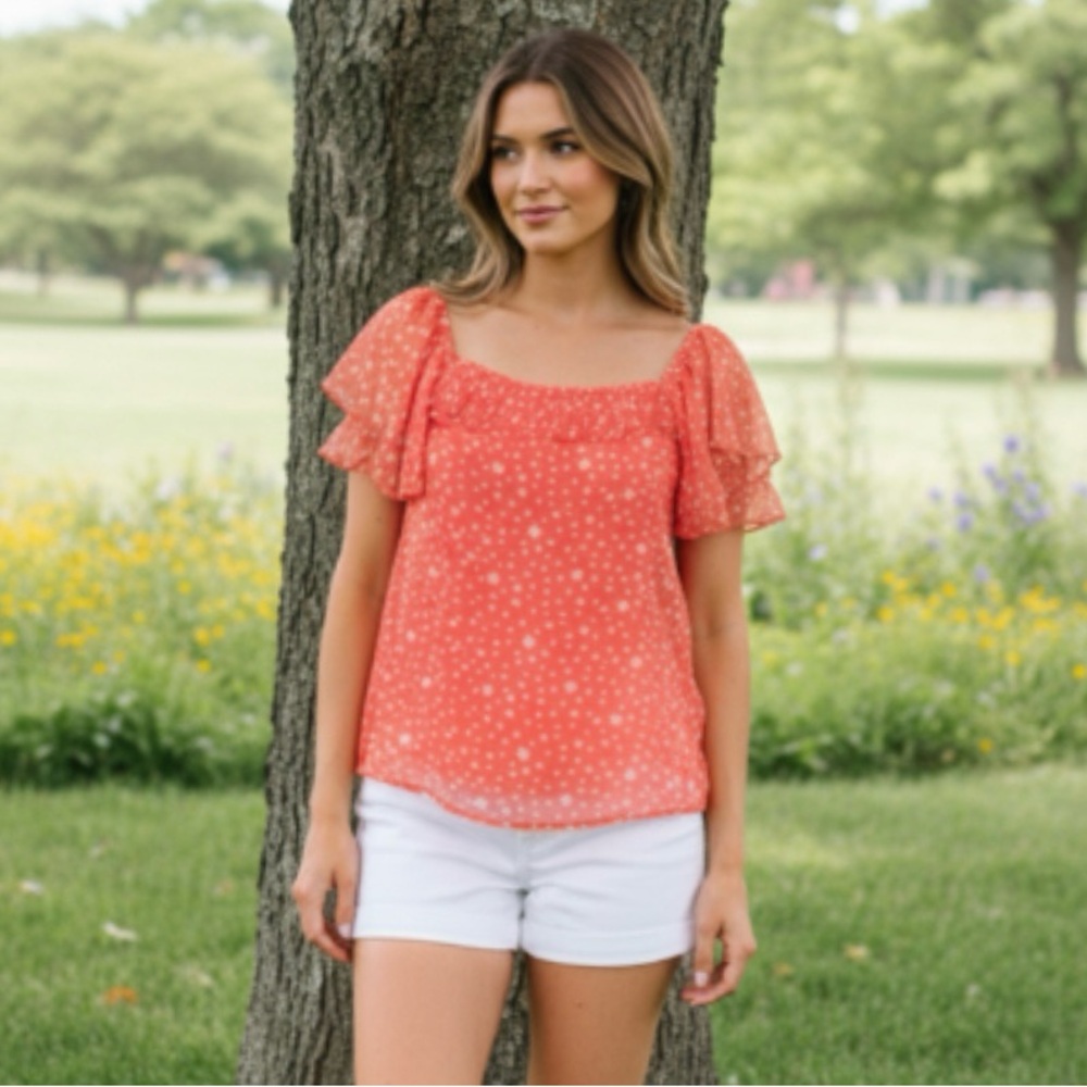 Andree by Unit Orange and White Short Sleeve Top Size Medium - Picture 2 of 10